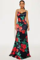A Dozen Roses Satin Maxi Dress