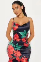 A Dozen Roses Satin Maxi Dress(Black/combo,XS)