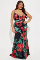 A Dozen Roses Satin Maxi Dress(Black/combo,XS)
