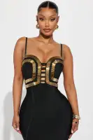 A Fine Time Bandage Midi Dress(Black/Gold,XS)