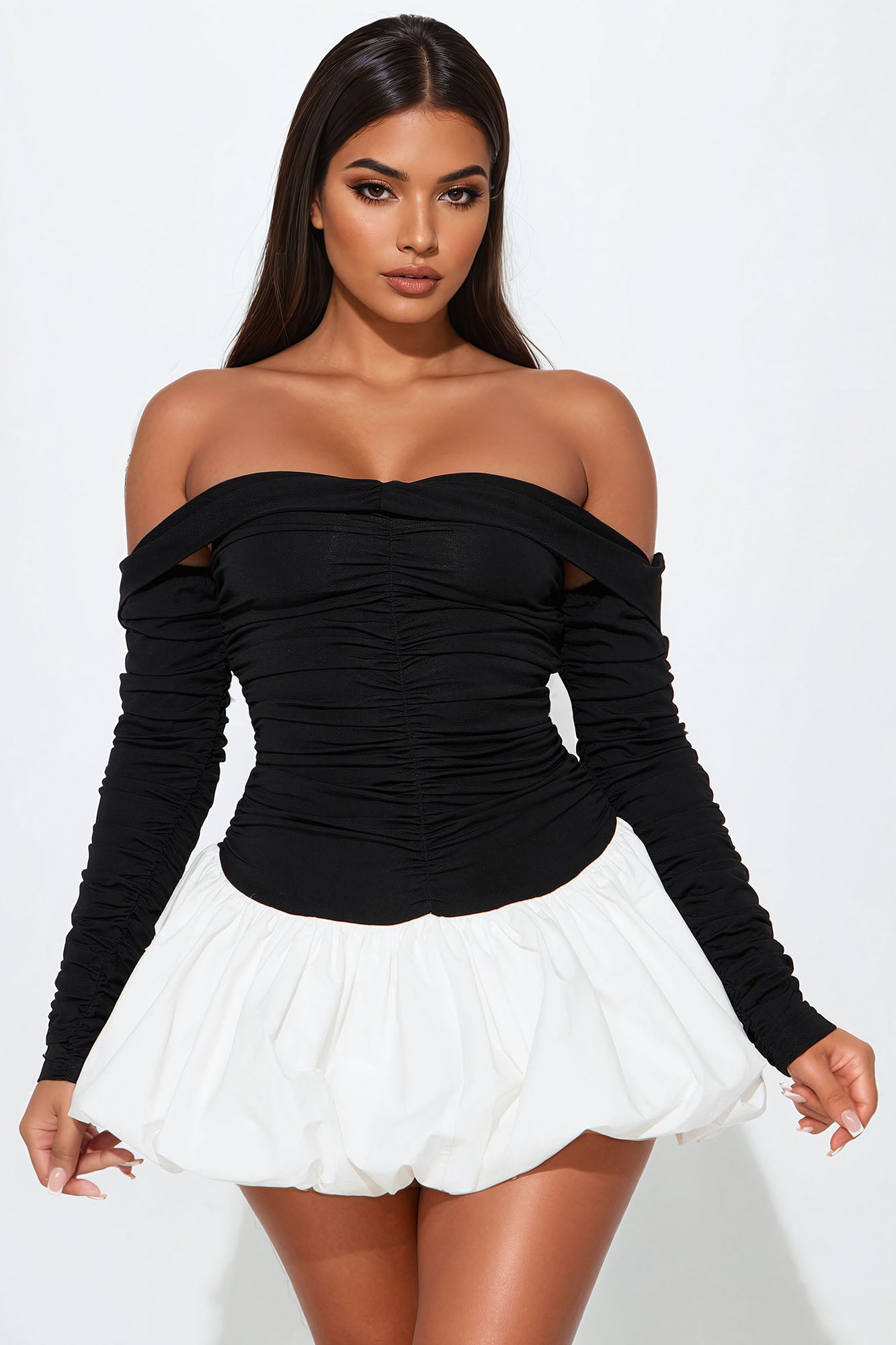 Adrianne Ruched Off Shoulder Bubble Mini Dress