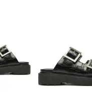 Nola Crocodile-Embossed Leather Sandal(5,Black)